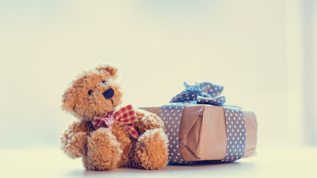 cute teddy bear and beautiful gift on the wonderful white background