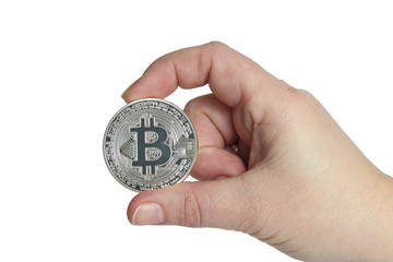 bitcoin in hands on white background
