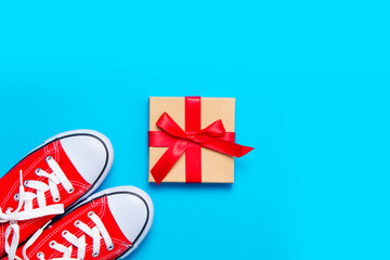 Fototapeta premium big red gumshoes and beautiful gift on the wonderful blue background