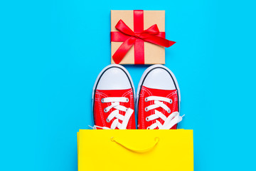 big red gumshoes in cool shopping bag and beautiful gift on the wonderful blue background