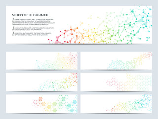 Set of modern scientific banners. Molecule structure DNA and neurons. Abstract background. Medicine, science, technology, business, website templates. Scalable vector graphics.