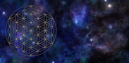 Flower of Life Universe Background - circular flower of life symbol pattern on left side of a wide dark blue night sky background with planets, stars, cloud formations and copy space  - obrazy, fototapety, plakaty