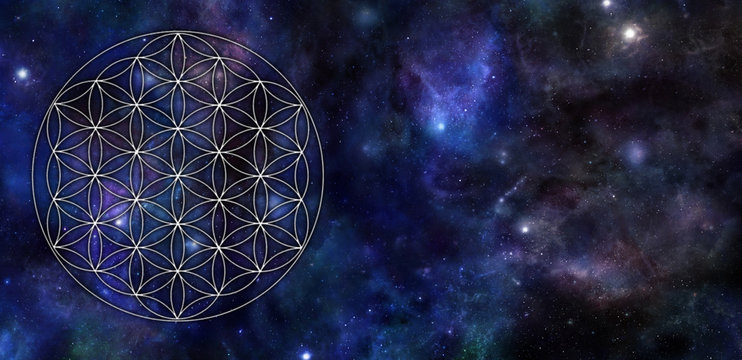 Flower of Life Universe Background - circular flower of life symbol pattern on left side of a wide dark blue night sky background with planets, stars, cloud formations and copy space 