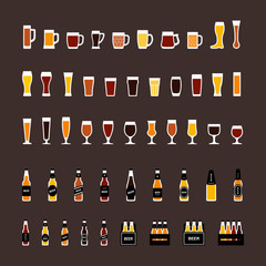 Beer glasses and bottles colored icons set in flat style. Vector