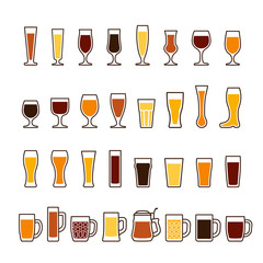 Beer in glasses and mugs, different types. Vector icon set