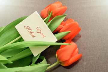 Bukiet czerwonych tulipanów z dedykacją - obrazy, fototapety, plakaty