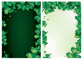 Vector clover leaves on a green and light background. Background for St. Patrick's Day with shamrock. Template for design card, invitation, banner, leaflet