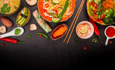 Various of asian meals on rustic background , top view , place for text.