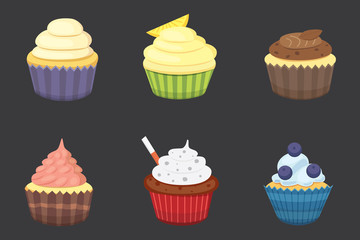 Set of cute vector cupcakes and muffins. Colorful cupcake isolated for food poster design.
