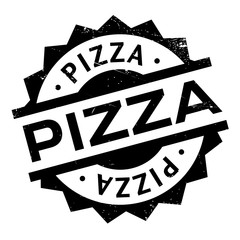 Pizza rubber stamp. Grunge design with dust scratches. Effects can be easily removed for a clean, crisp look. Color is easily changed.