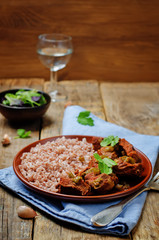 Beef slow cooker with red and white rice and greens