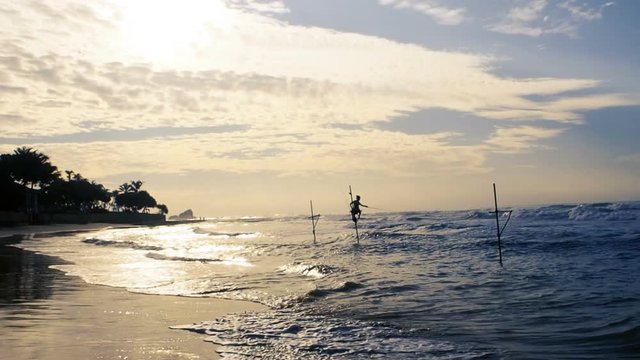 Sri Lanka stilt fishermen at sunset