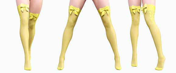 Set sexy slim female legs in nylon yellow stockings. Silk butterfly. Conceptual fashion art.
