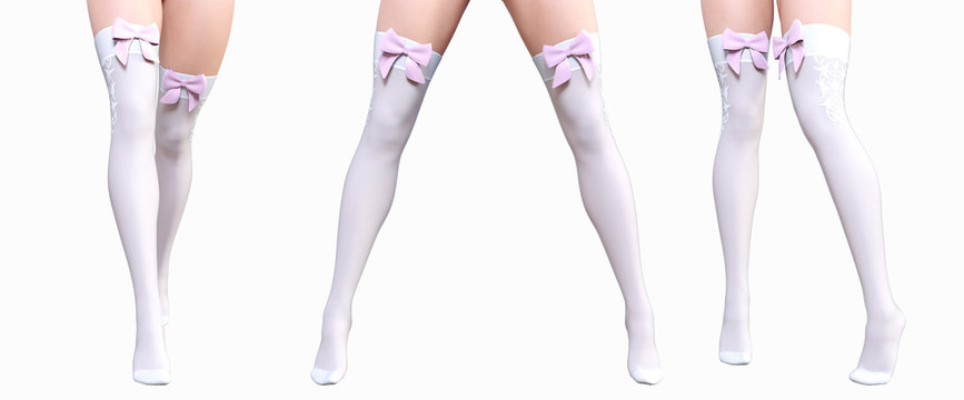 Set sexy slim female legs in nylon white stockings. Silk butterfly. Conceptual fashion art. Shiny stockings. Seductive candid pose. Photorealistic 3D render illustration. Isolate. Studio, high key.