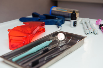 Dental tools on the table at dental office