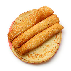 a stack of pancakes on white background