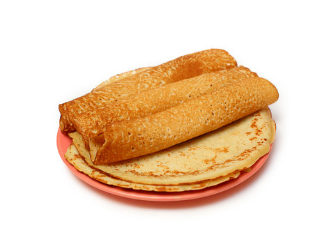 a stack of pancakes on white background