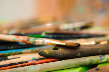 used paint palette, watercolors, brush - art lesson