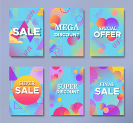 Sale posters set in trendy 80s-90s memphis style with geometric patterns and shapes. Vector illustration with colorful background