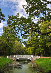 White bridge over the channel in Alexander Park of Pushkin, Tsarskoe selo. Saint-Petersburg