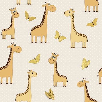 Seamless pattern with cute giraffes and butterflies