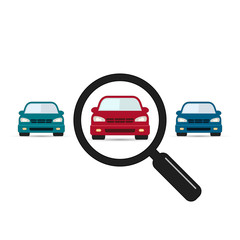 Search car sign, vector. Magnifying glass with car. Search car symbol. Looking for transport. Selection a car among others vehicles illustration.