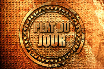 French text "play du jour" on grunge metal background, 3D render