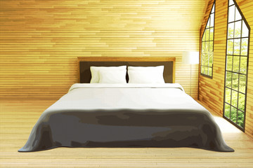3D rendering : illustration of big spacious bedroom in soft light color. bed in elegant classic modern bedroom.interior design of house.modern wooden tile house, filtered image to comic halftone style
