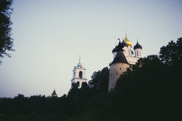 Fototapeta na wymiar Trinity cathedral Pskov. Pskov Kremlin Russia. Ancient fortress on the river bank