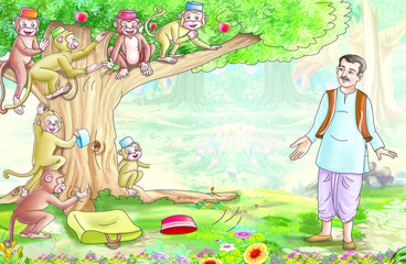 Naklejka premium Cap seller and the monkeys