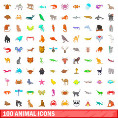 Fototapeta na wymiar 100 animal icons set, cartoon style