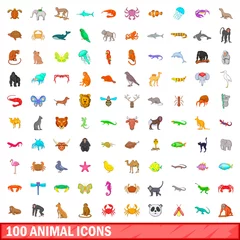 Fotobehang Eenhoorns 100 dieren iconen set, cartoon stijl