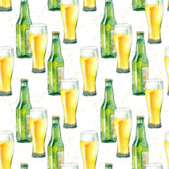 Seamless pattern of a glass and bottle of light beer. Painting of a alcohol drink .Watercolor hand drawn illustration.