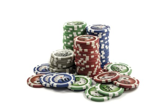 Tower of many colored poker gambling chips for hazardous game