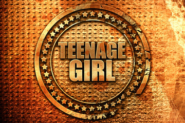 teenage girl, 3D rendering, metal text