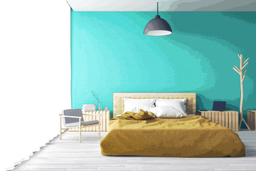 3D rendering : illustration of big spacious bedroom in soft light color. bed in elegant classic modern bedroom.interior design of house.modern wooden tile house, filtered image to comic halftone style