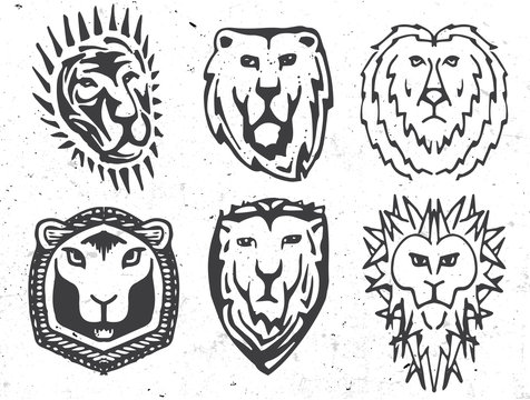 Isolated abstract black and white color coat of arms with lion image logos set, medieval shields logotypes collection vector illustration.