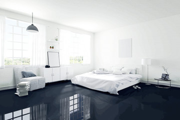 3D rendering : illustration of big spacious bedroom in soft light color. bed in elegant classic modern bedroom.interior design of house.modern wooden tile house, filtered image to comic halftone style