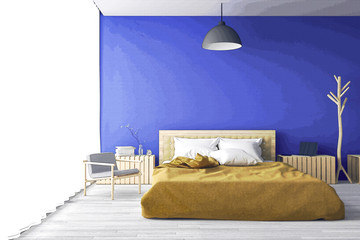 3D rendering : illustration of big spacious bedroom in soft light color. bed in elegant classic modern bedroom.interior design of house.modern wooden tile house, filtered image to comic halftone style