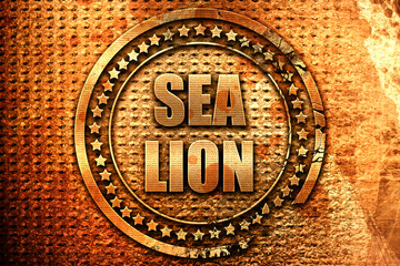 sea lion, 3D rendering, metal text