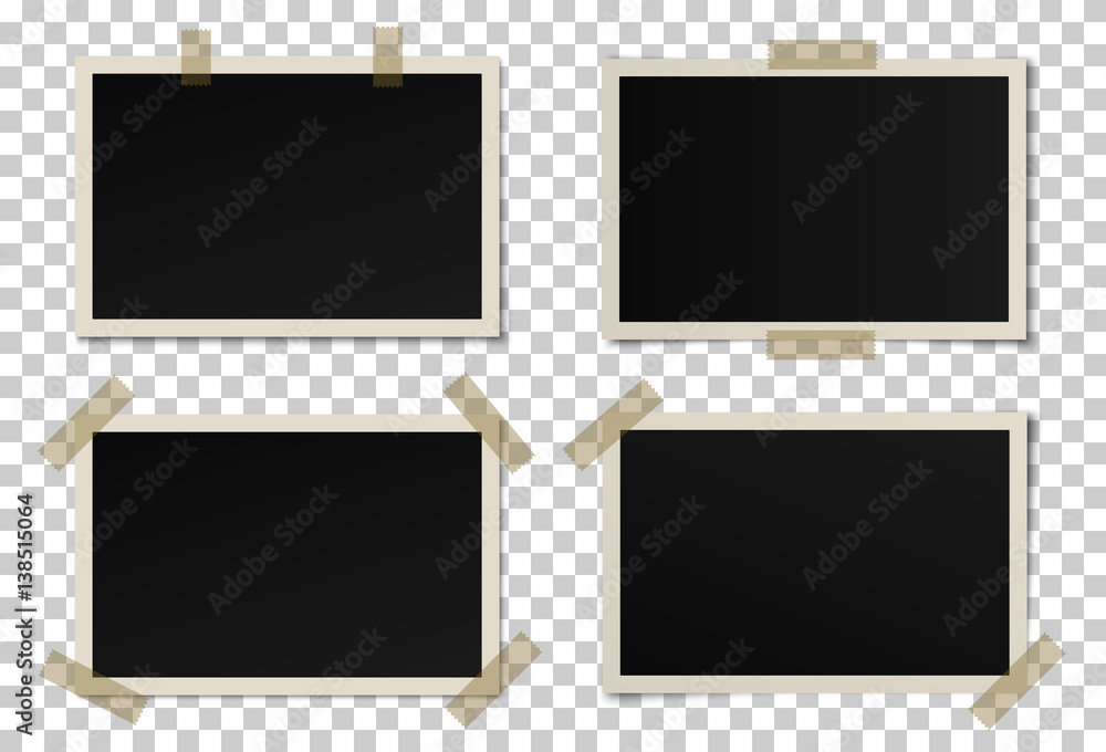 Poster vector set of black photo frames with various shadows. glued with adhesive tape mock up of frames
