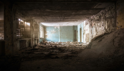 Abandoned building.Interior view of the destroyed room in an abandoned house - Powered by Adobe