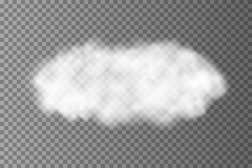 Realistic vector transparent cloud on dark background. Transparent gray steam, fog or smoke