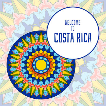 Costa Rica illustration vector. Decorated coffee carreta ornament wheel design traditional symbol for tourist souvenir postcard, travel banner or flyer.