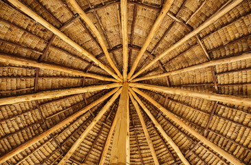 The roof structure is made of wood