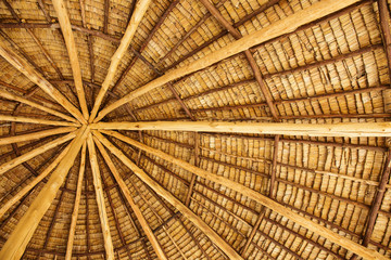 The roof structure is made of wood