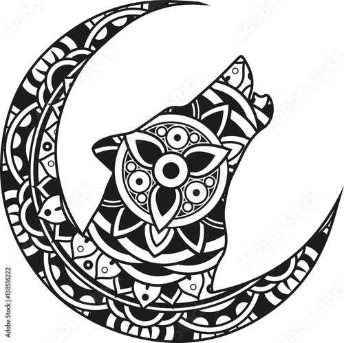 Download "Vector illustration of a mandala moon and wolf silhouette ...