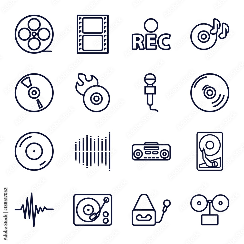 Poster set of 16 record outline icons