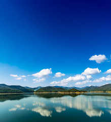 Lake with mountain and blue sky background