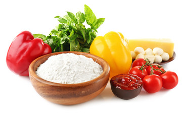 Ingredients for pizza on white background